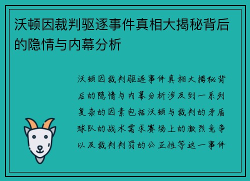 沃顿因裁判驱逐事件真相大揭秘背后的隐情与内幕分析