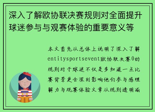 深入了解欧协联决赛规则对全面提升球迷参与与观赛体验的重要意义等